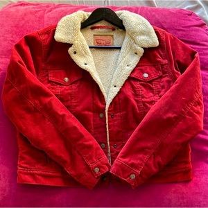 Levi's women's XL cropped red corduroy sherpa fleece-lined trucker jacker